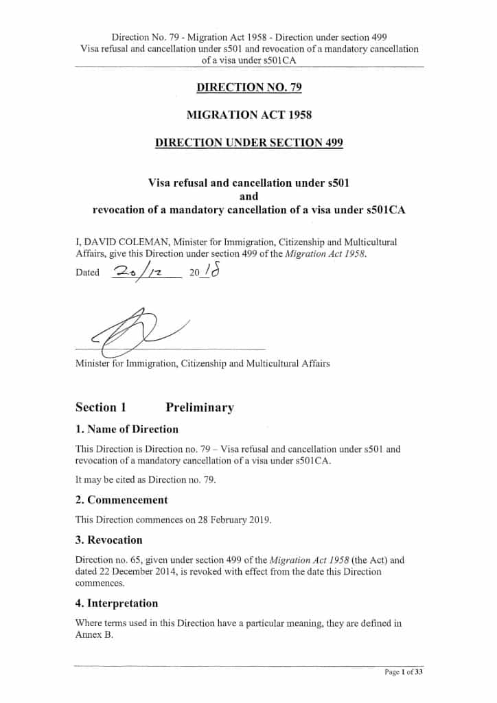 Ministerial Direction No 79 Visa Refusal and Cancellation for failing character test